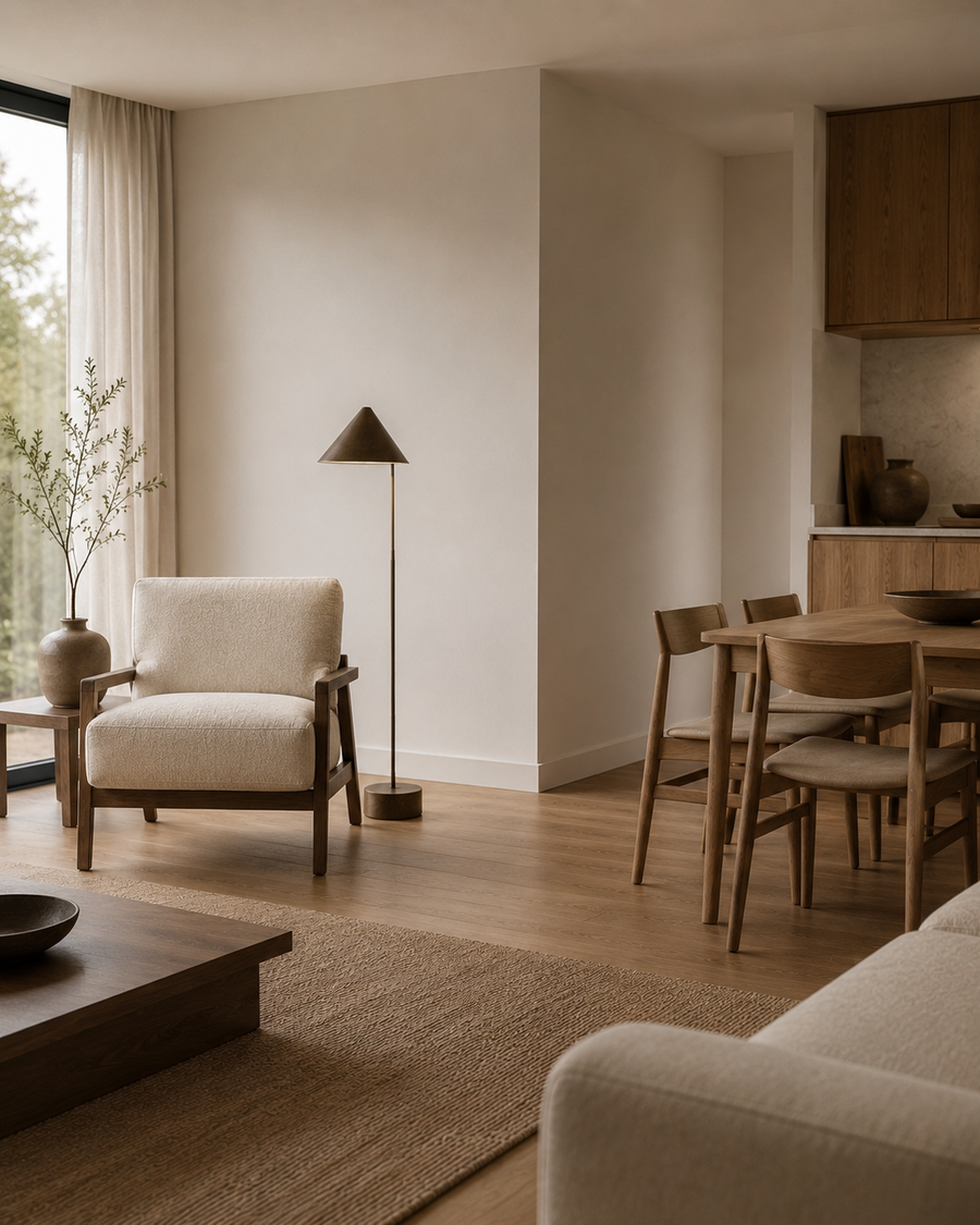 Handcrafted accent chair with turned wooden legs beside a window